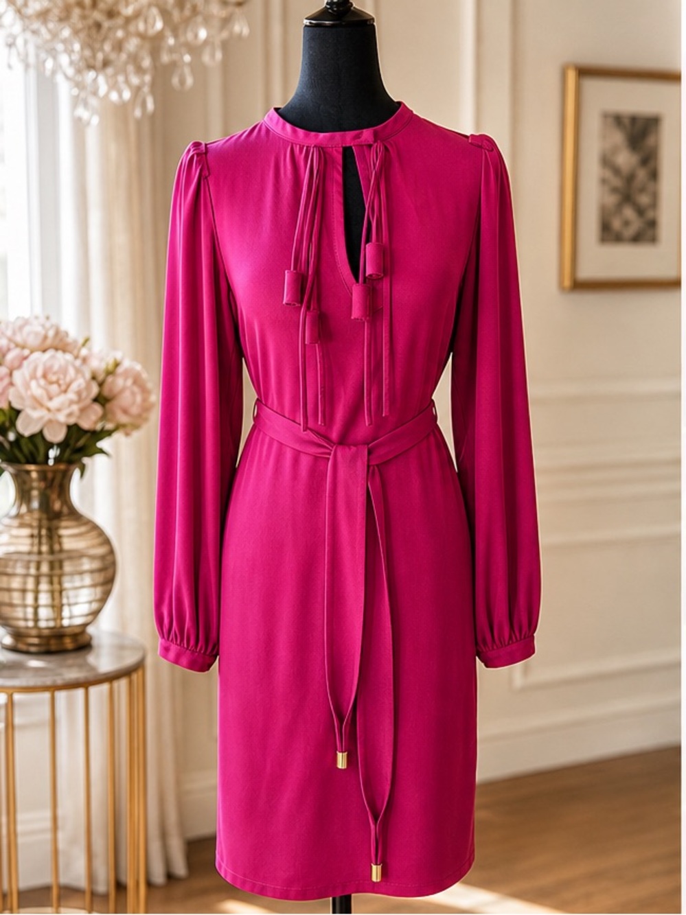 Diane von Furstenberg 100% Silk Tie-Neck Dress Raspberry Pink Size 4 Belted